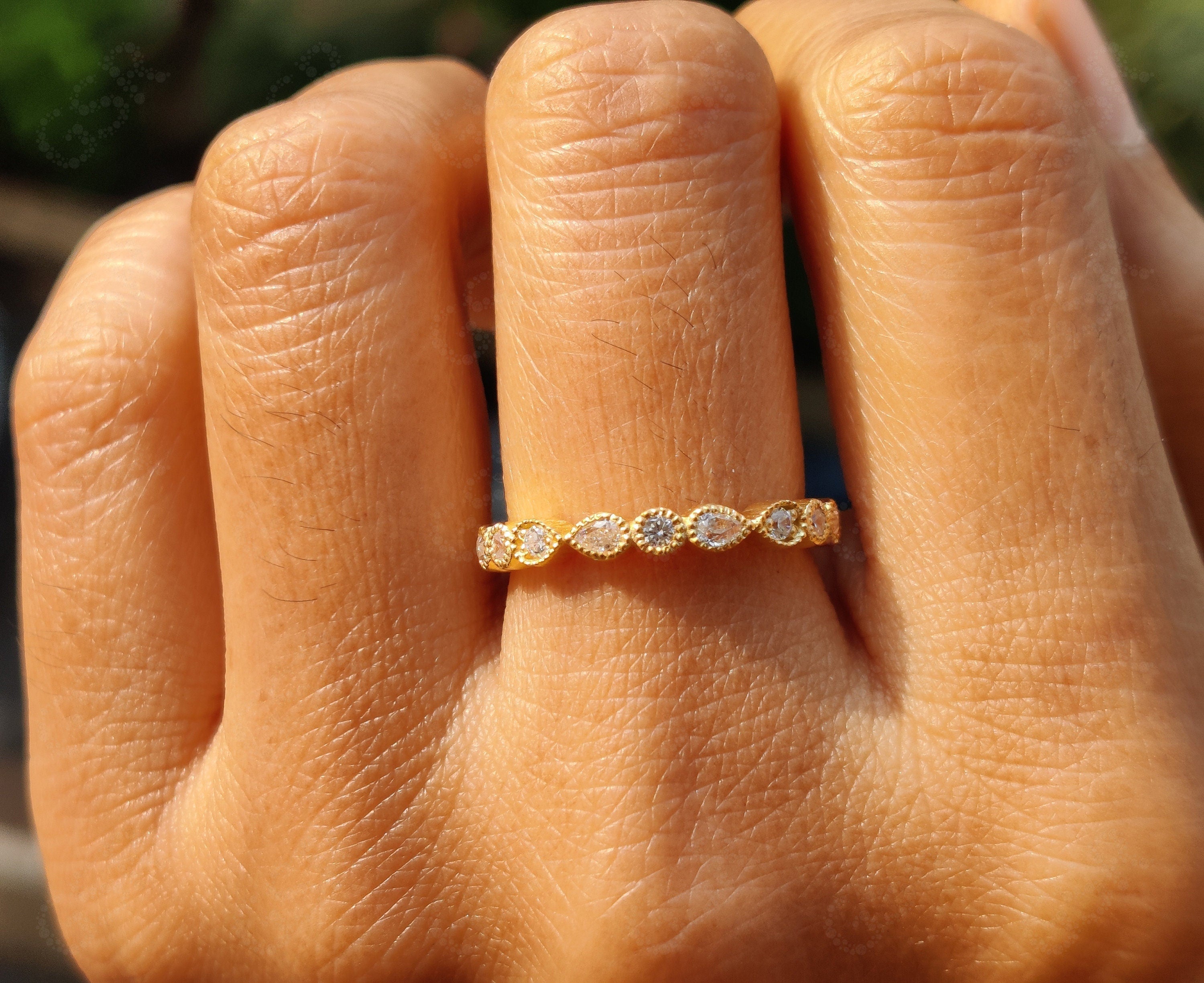 Elegant Vintage Wedding Band - Dainty Stacking Ring with Round & Pear Moissanite - Silver and Gold Half Eternity Anniversary Ring