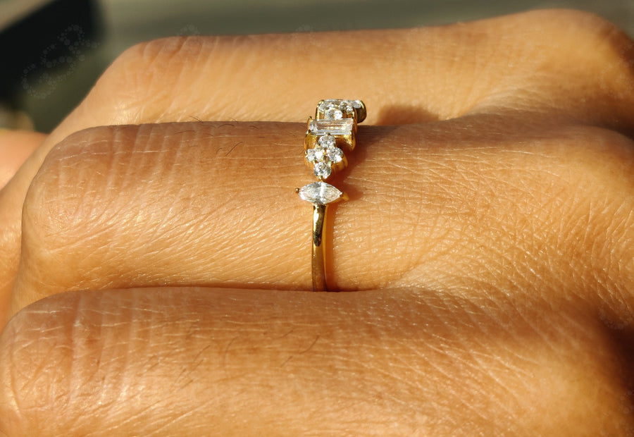 Multi Stone Moissanite Ring - Dainty Stacking Gold and Silver Band