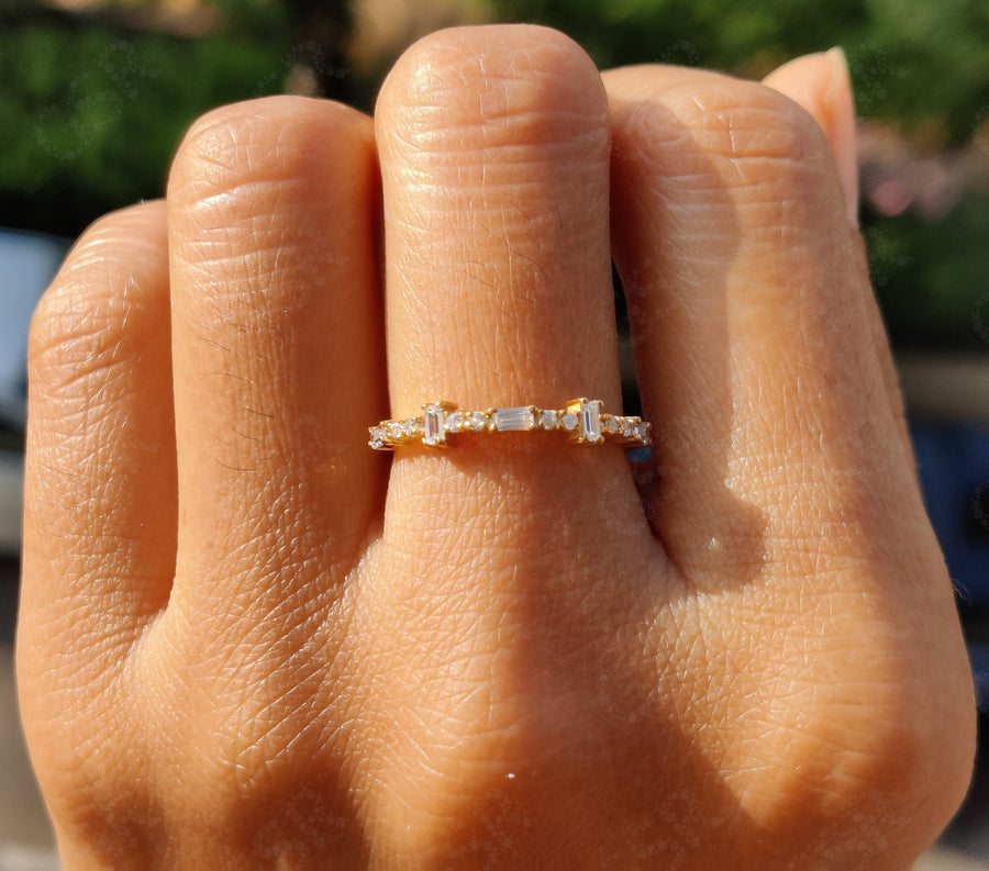 Minimal Moissanite Ring - Dainty Stacking Silver and Gold Band