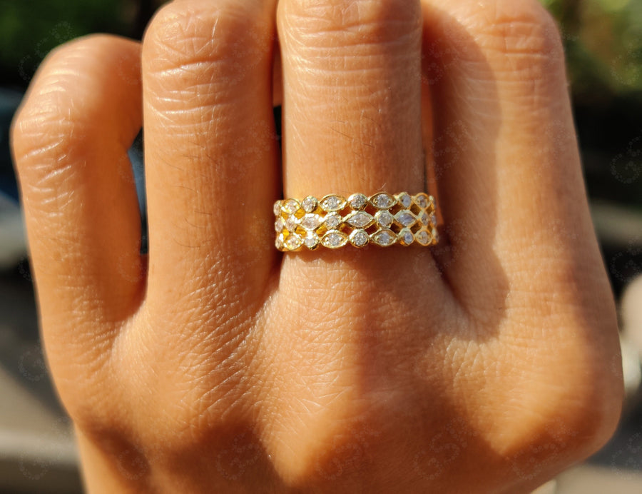 Multi Stone Moissanite Anniversary Ring - 3 Row Silver and Gold Stacking Band