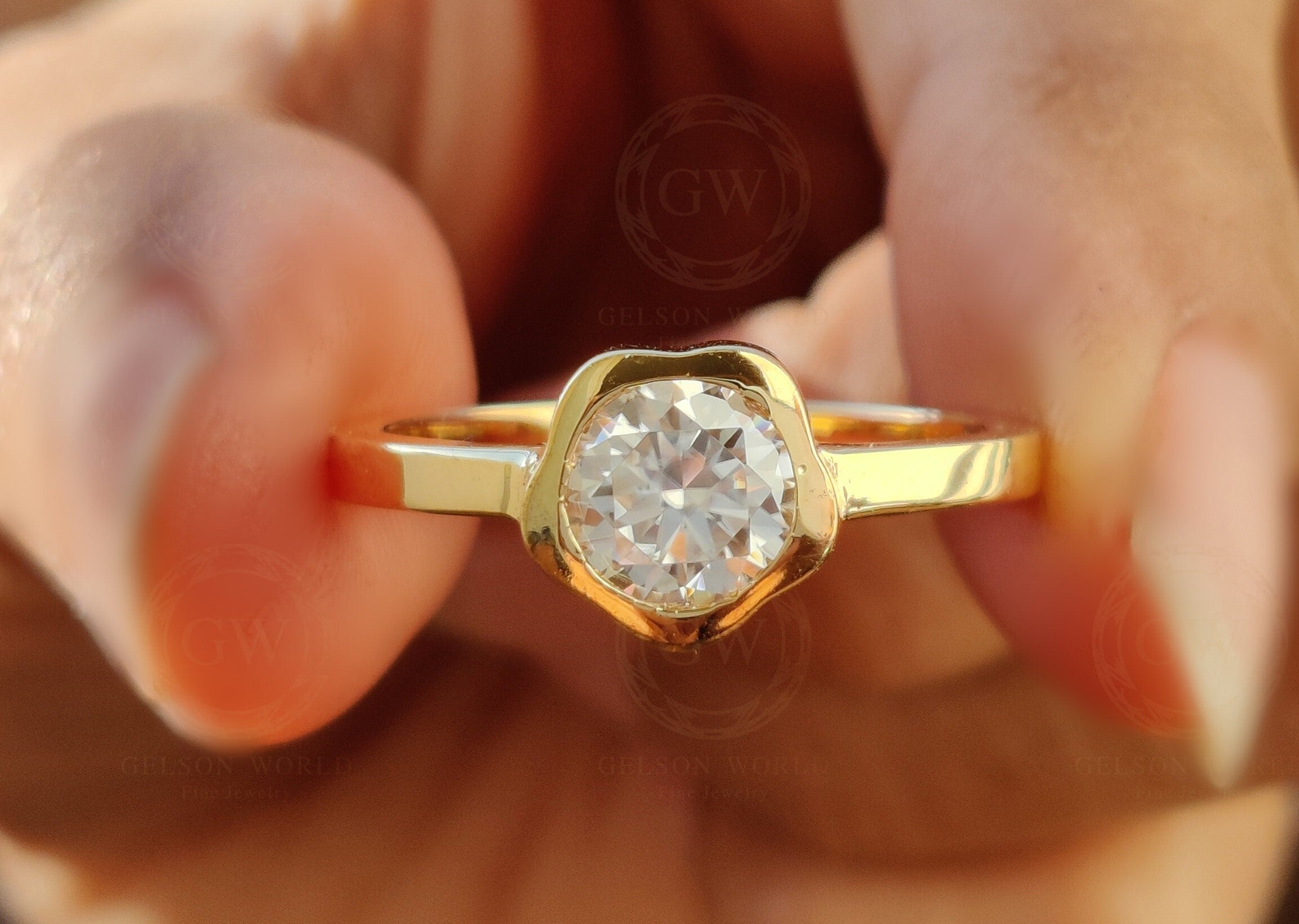 Round Solitaire Moissanite Engagement Ring / Silver and Gold Floral Ring / Bezel Set Ring / Wedding Women Ring / Promise Ring for Her