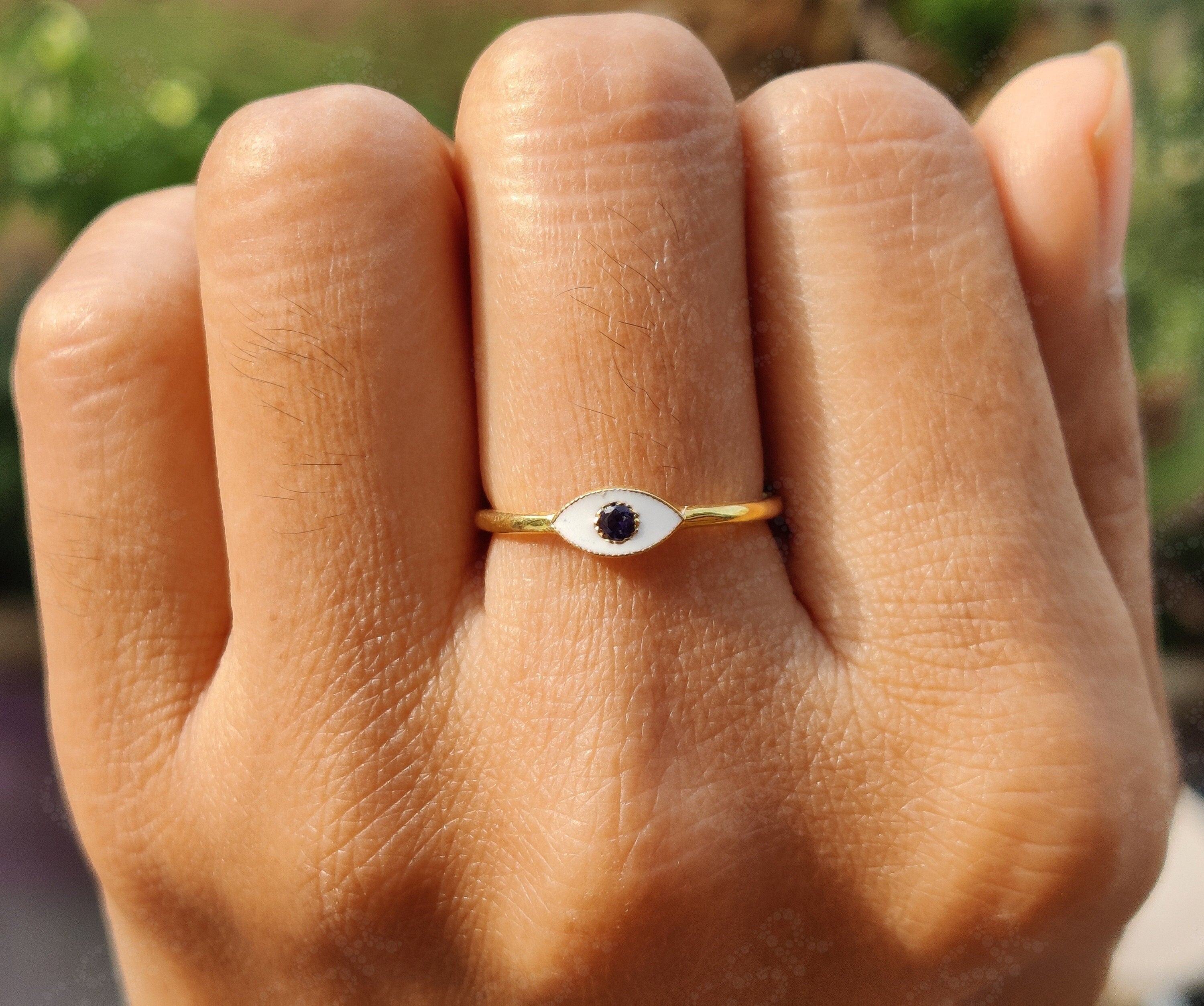 Dainty Evil Eye Stacking Ring - Gold Minimalist Ring - Natural Blue Sapphire - Minimal Birthstone Ring - Personalized Jewelry - White Enamel