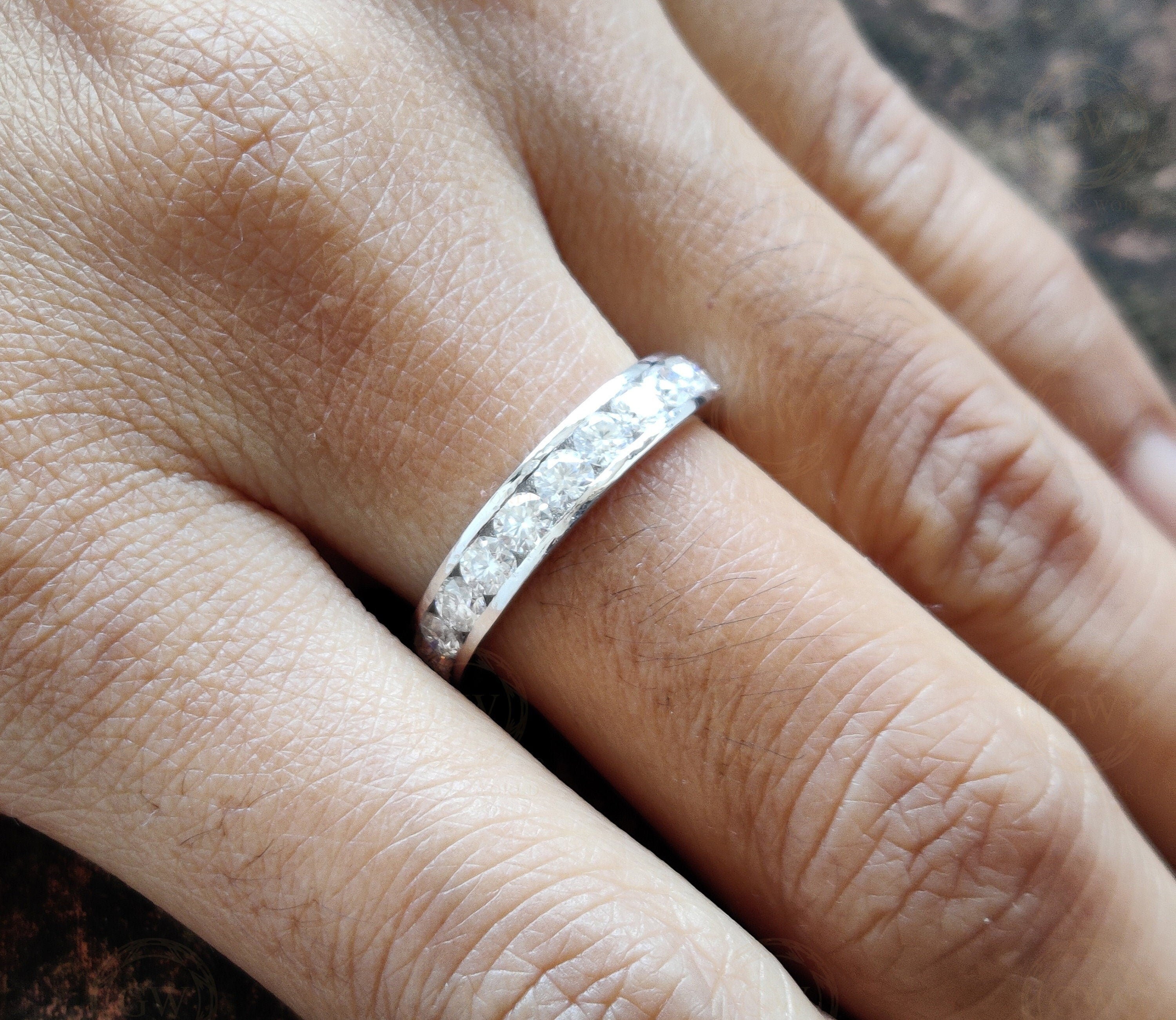 Round Moissanite Channel Set Wedding Band, Half Eternity Anniversary Wedding Ring For Her, Matching Band, Stackable Ring