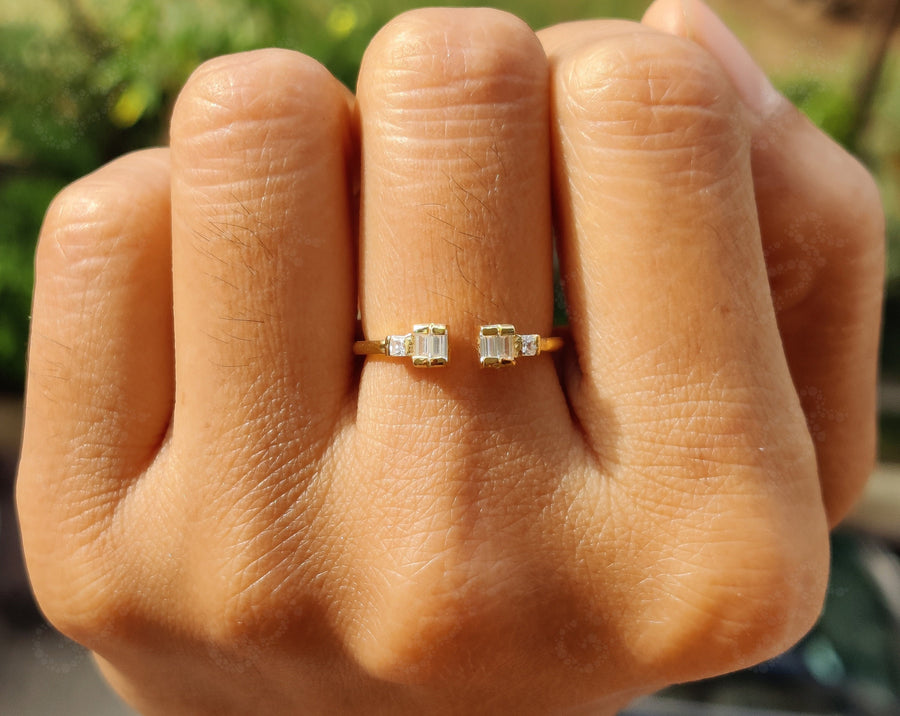 Silver and Gold Baguette Open Cuff Moissanite Ring - Dainty Minimalist Stackable Promise Ring for Women