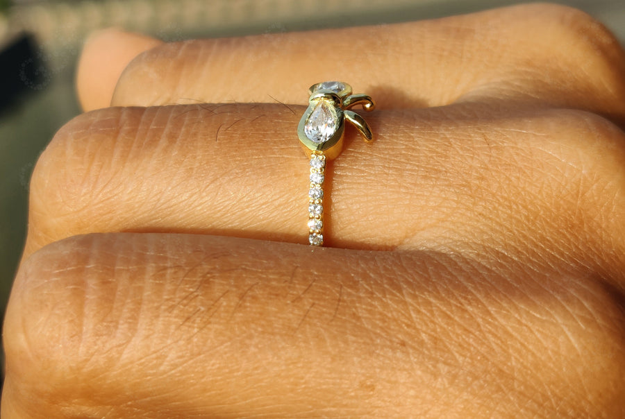 Ribbon Bow Dainty Gold Ring - Two Stone Stacking Anniversary Ring