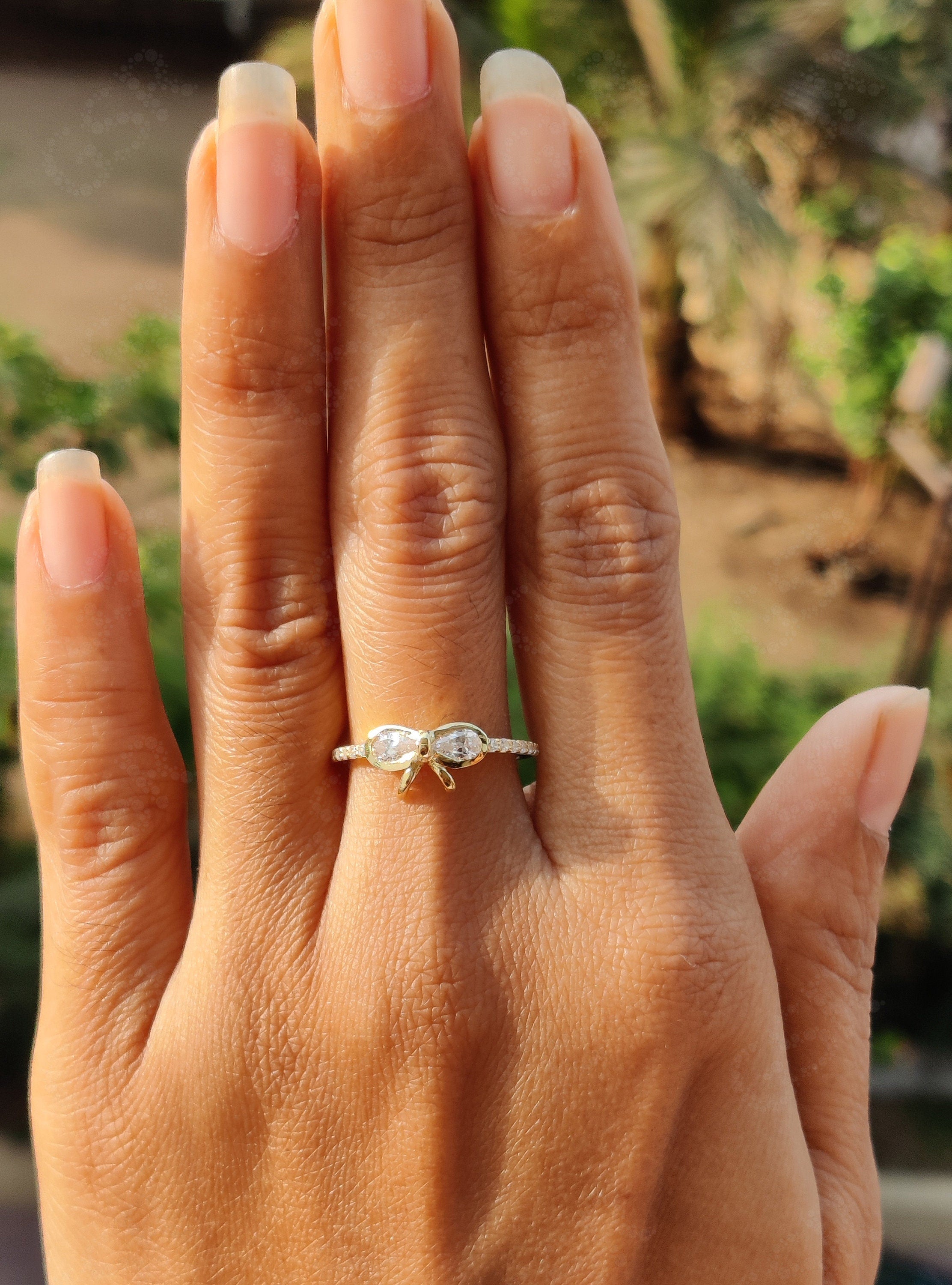 Ribbon Bow Dainty Gold Ring - Two Stone Stacking Anniversary Ring