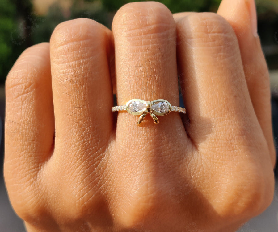 Ribbon Bow Dainty Gold Ring - Two Stone Stacking Anniversary Ring