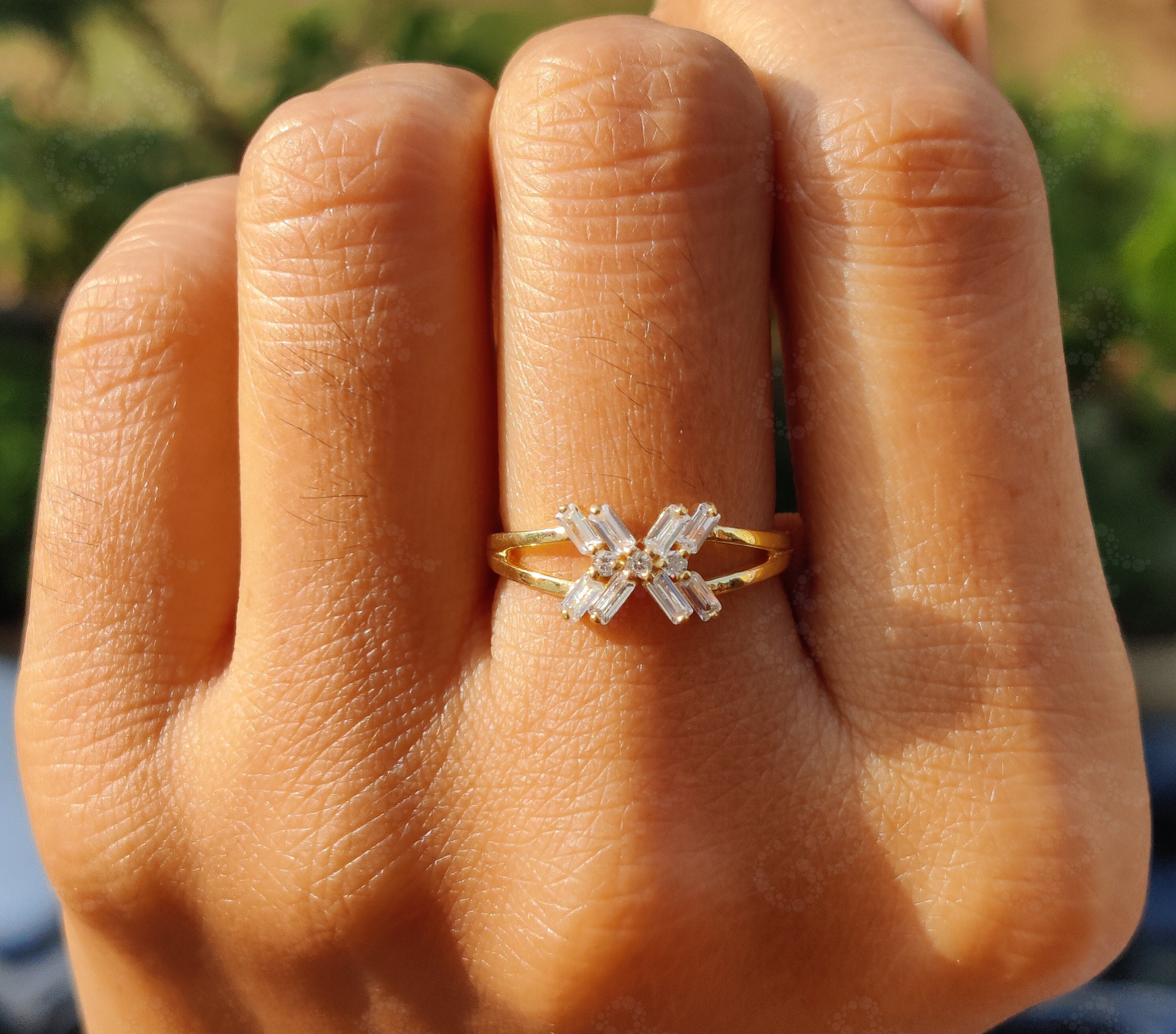 Minimal Cluster Ring - Baguette Moissanite Stacking Silver and Yellow Gold Stackable Ring - Moissanite Minimalist Dainty Promise Ring