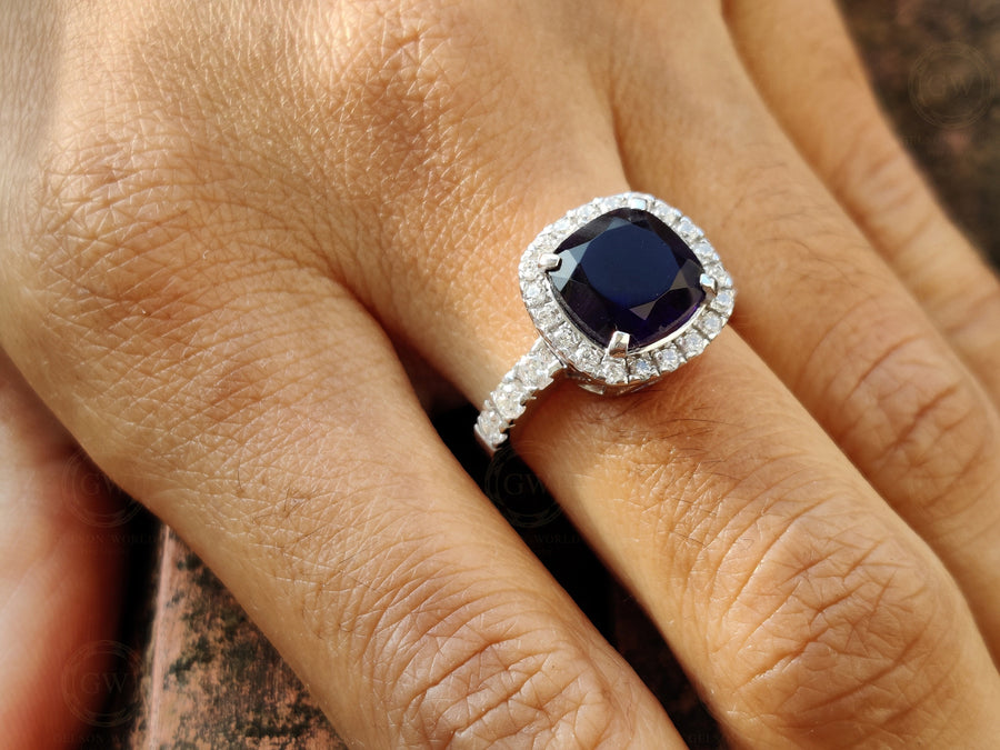 Cushion Shape Halo Engagement Ring / Gemstone Ring / Blue Sapphire Wedding Ring / Sterling Silver / Classic Ring For Women / Gift For Her