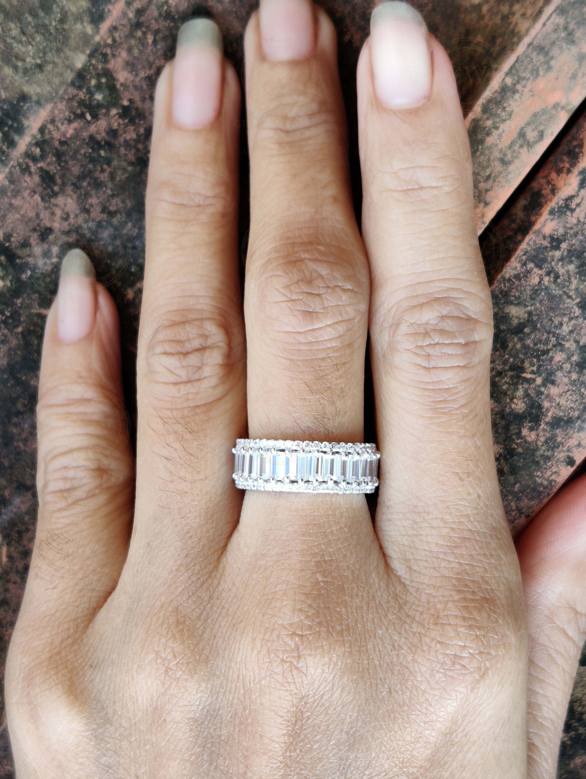 Full Eternity Baguette Wedding Ring / 7.50 mm Wide Band / 3 Row Anniversary Gift Ring / Wedding Band / Sterling Silver / Statement Ring