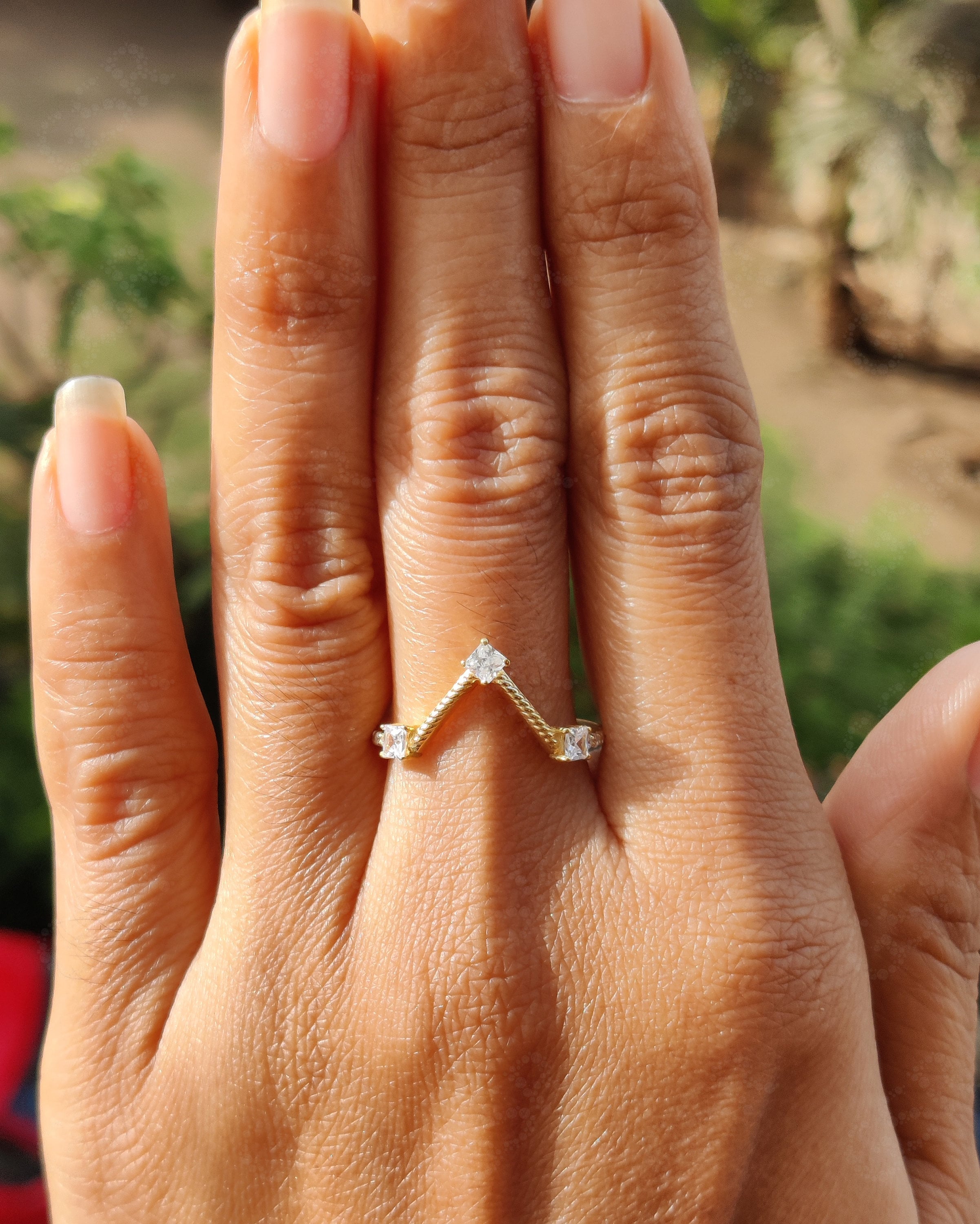 Elegant Gold Chevron Ring - Princess Moissanite Wedding Beauty - Geometric Stacking Ring - Dainty Anniversary Ring