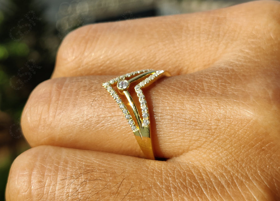 Elegant V Ring Set - Chevron Moissanite Wedding Beauty - Silver and Yellow Gold - Dainty Promise Ring and Anniversary Gift