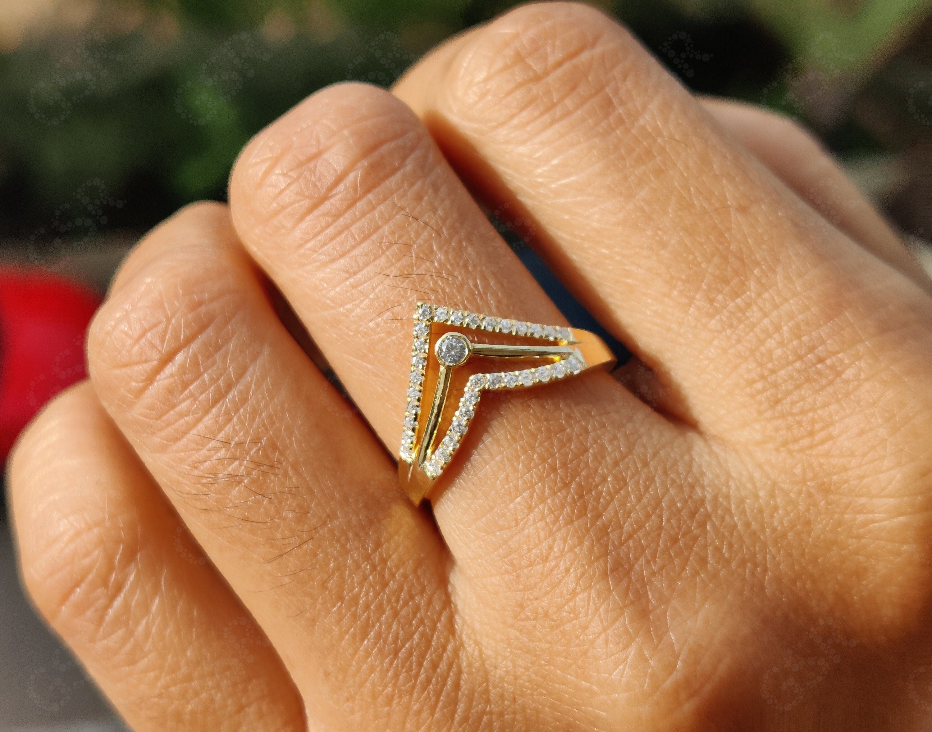 Elegant V Ring Set - Chevron Moissanite Wedding Beauty - Silver and Yellow Gold - Dainty Promise Ring and Anniversary Gift