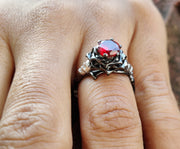 Gothic Skull Engagement ring / Round Red Ruby CZ Diamond / Rose Floral Wedding Ring / Unique Skull Nature Inspired Ring / Ring for Women