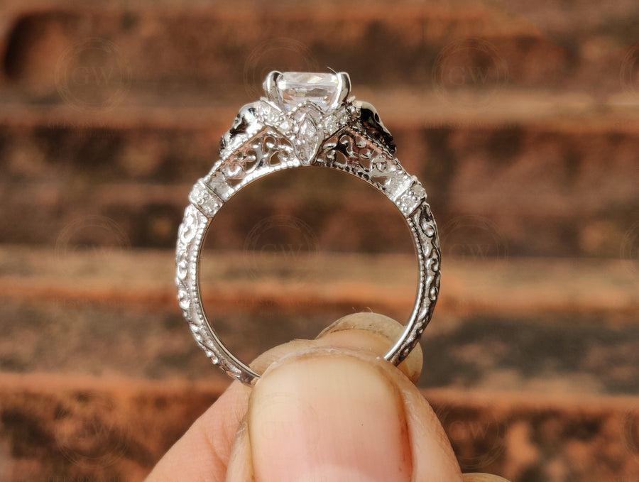 2.40 Ct Unique Gothic Skull Cushion Cut Floral Vintage Bridal Engagement Ring Set, Man Made Diamond, Sterling silver, Matching Wedding Band