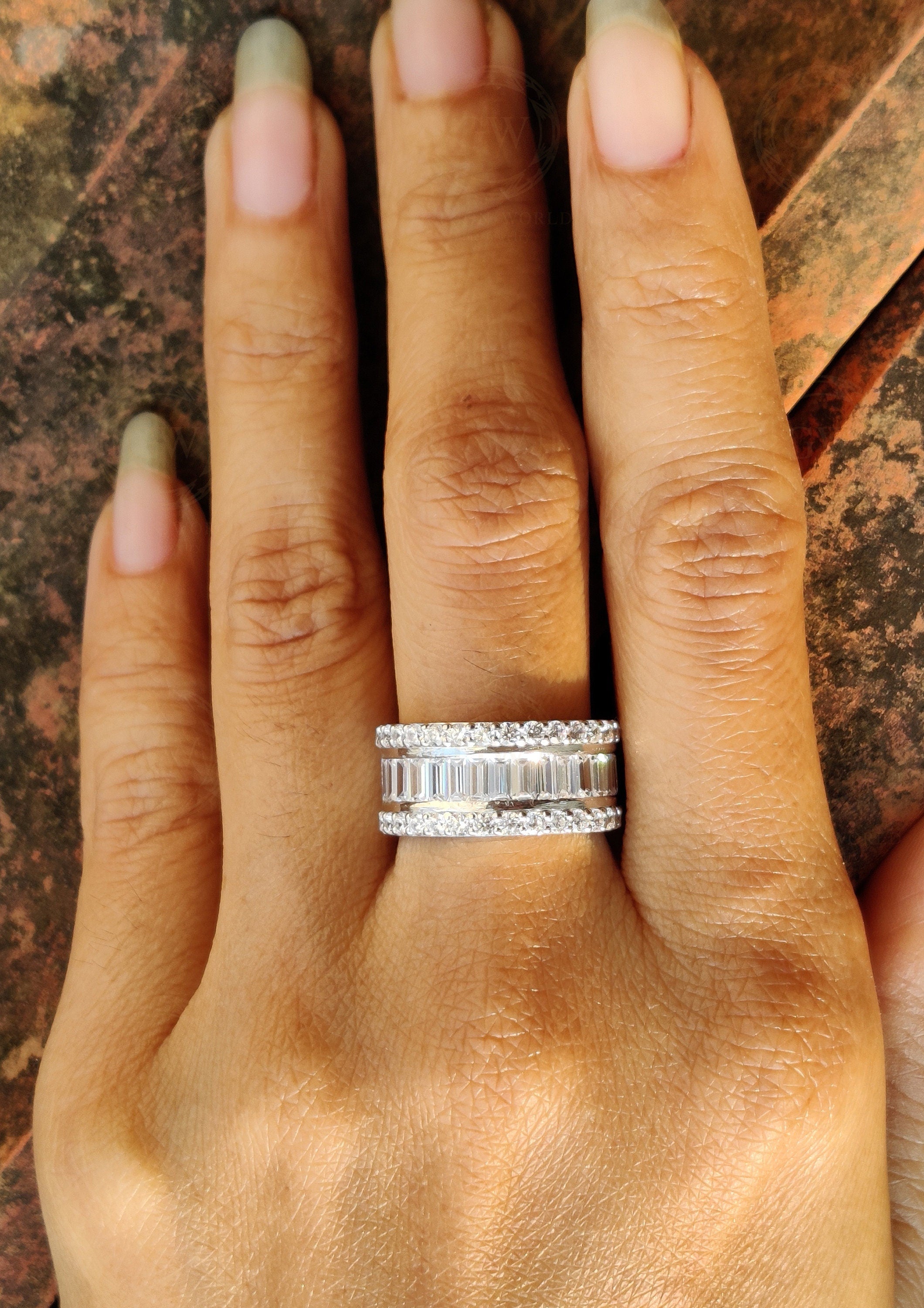 Half Eternity Baguette Wedding Ring / 10 mm Wide Band / Anniversary Gift Ring / Wedding Band / Sterling Silver / Statement Ring