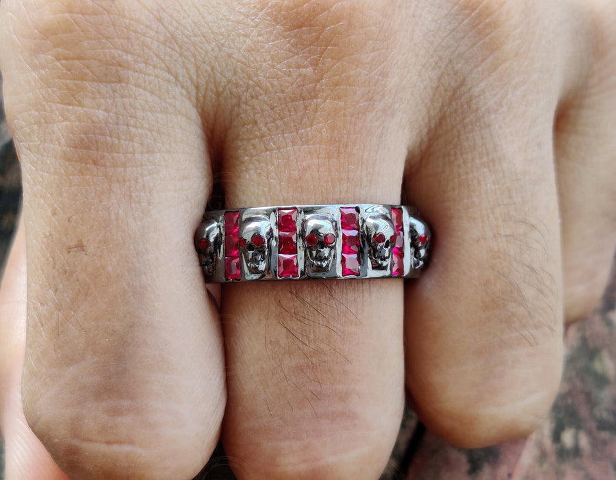 8 mm Wide Unique Gothic Skull Wedding Band Sterling Silver, Full Eternity Ring, Birthstone Ring, Ruby gemstone ring, Band for Men & Women