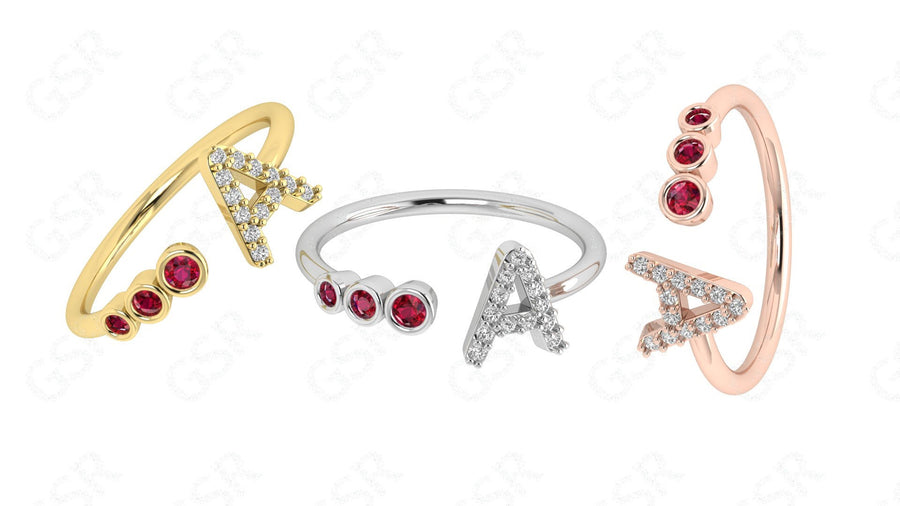 Personalized Initial Birthstone Ring - Custom Gemstone Jewelry for Mom in Silver and Gold - Open Cuff Design