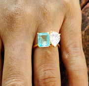 Toi Et Moi Gold Ring / Pear & Aquamarine Emerald Ring / Two Stone Ring /  2 Stone Aquamarine Engagement Ring / Women Wedding Ring