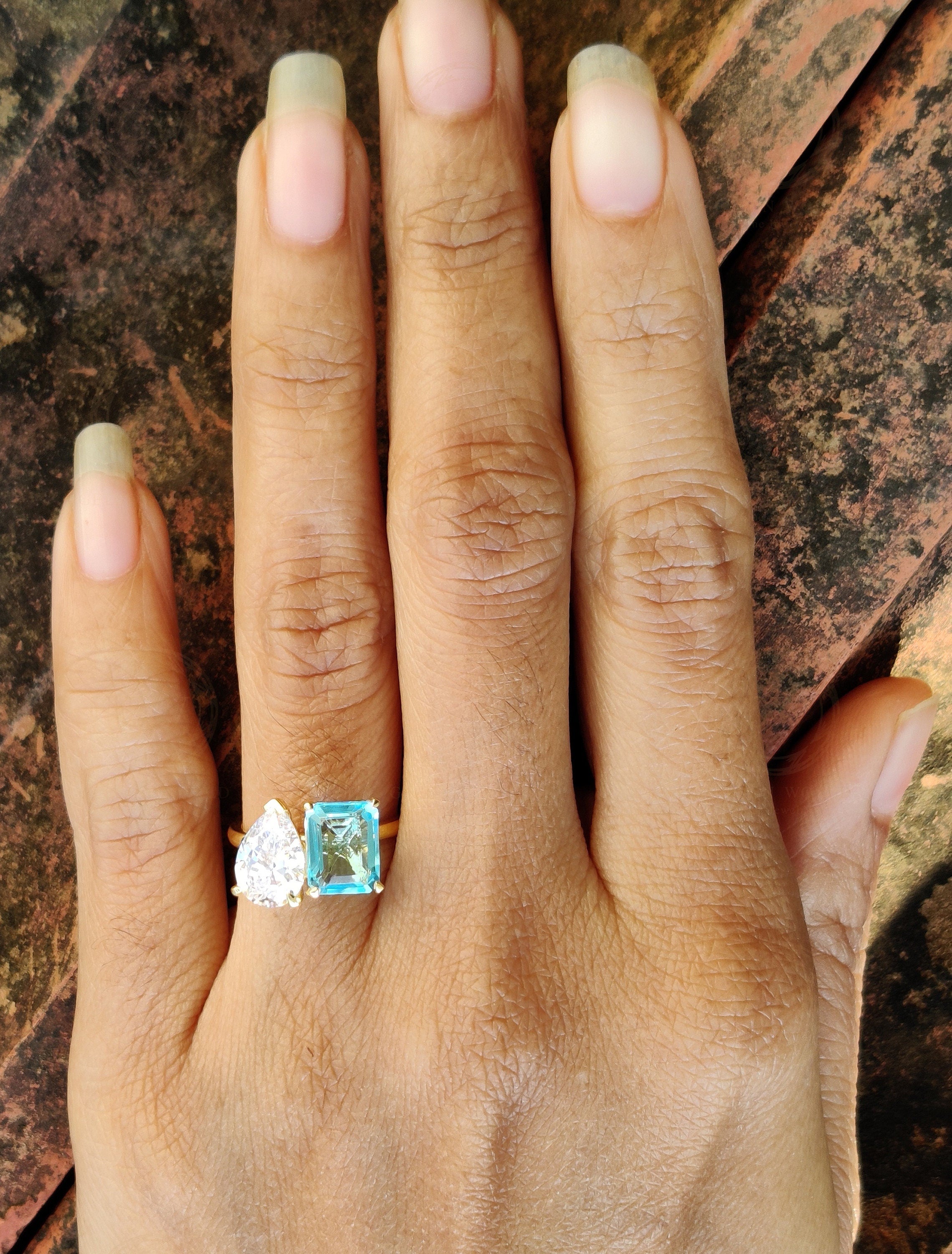 Toi Et Moi Gold Ring / Pear & Aquamarine Emerald Ring / Two Stone Ring /  2 Stone Aquamarine Engagement Ring / Women Wedding Ring