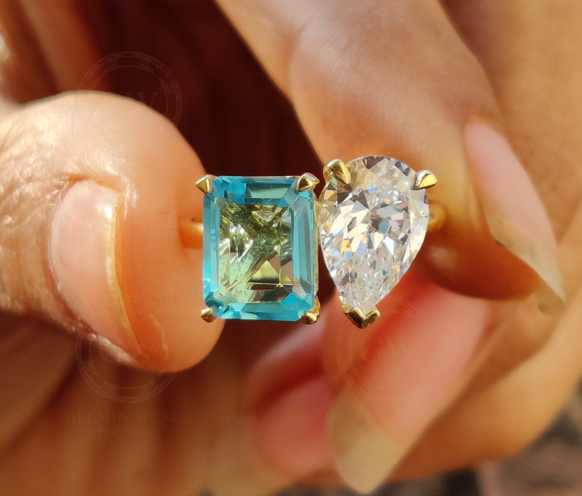 Toi Et Moi Gold Ring / Pear & Aquamarine Emerald Ring / Two Stone Ring /  2 Stone Aquamarine Engagement Ring / Women Wedding Ring