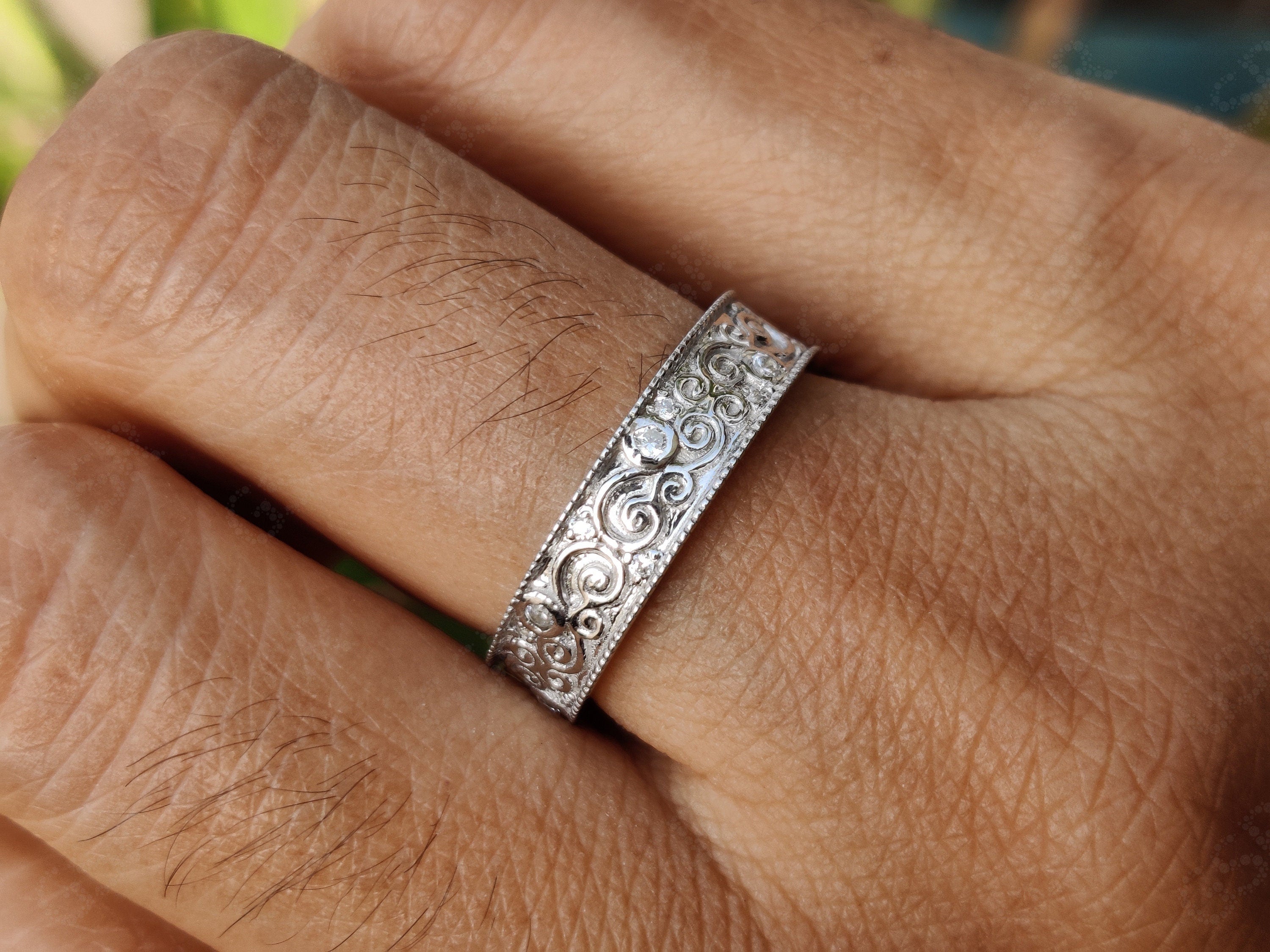 Vintage Full Eternity Floral Wedding Band in Silver and Gold with Moissanite Stones - Nature-Inspired Anniversary Gift for Her