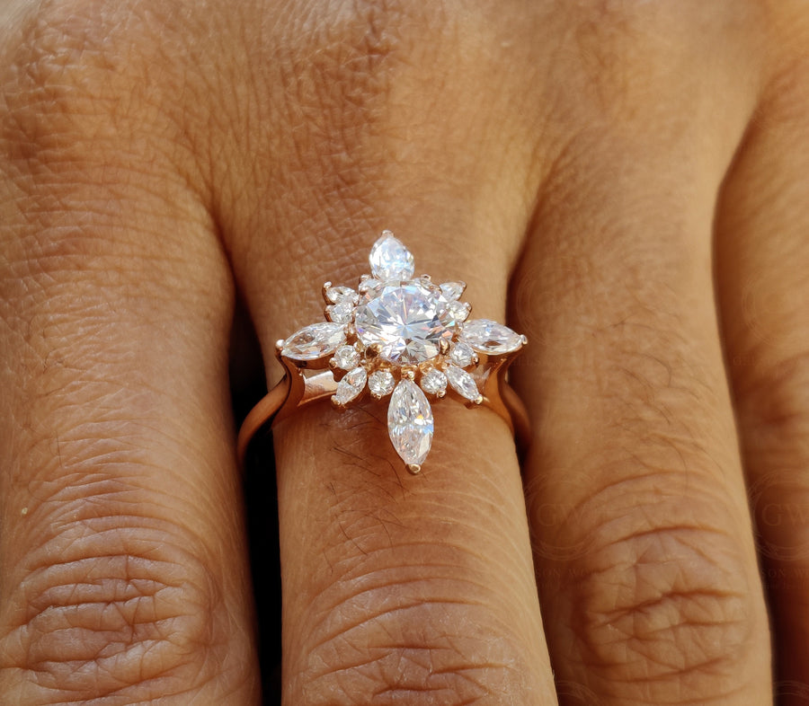14k Gold Starburst Engagement Ring / Art Deco Wedding Ring / Round & Marquise Moissanite Starburst Ring / Women Starburst Ring /Gelson World