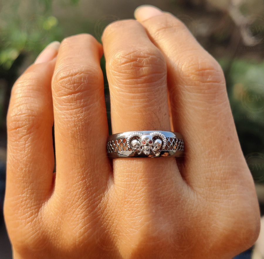8 mm Wide Vampire Ring Demon Skull Horns Mens Wedding Band, Sterling Silver, Motorcycle Biker Ring,  Birthstone January gemstone ring
