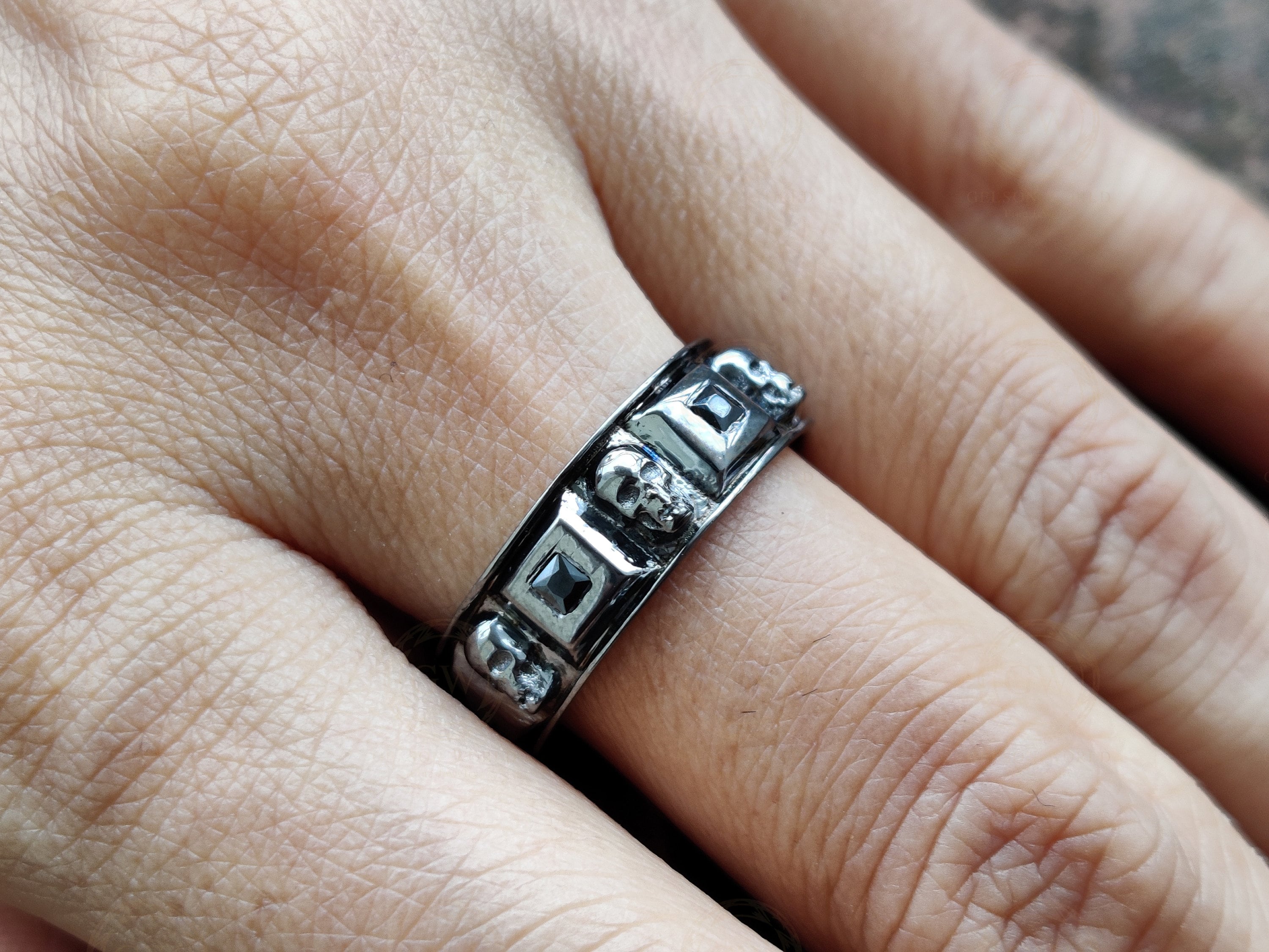 7 mm Wide Men's Gothic Skull Wedding Band, Punk Style Biker Ring, Unique Jewelry, Black CZ Sterling silver, Anniversary Ring, Eternity Band