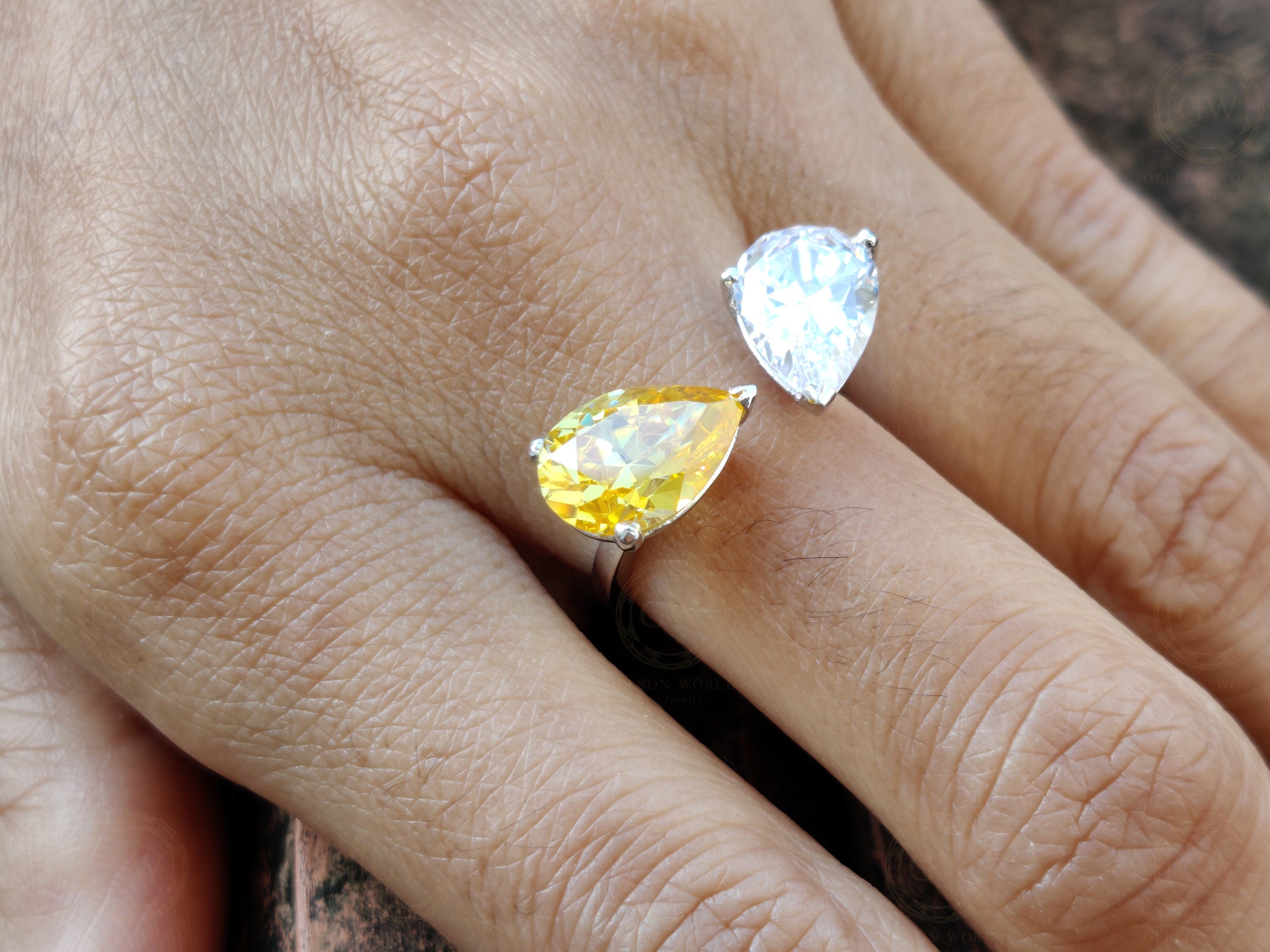 Toi Et Moi Ring, 2 Pear Engagement Ring, Sterling Silver Wedding Ring, White & Yellow Pear Ring, Teardrop Anniversary Women ring