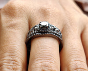Gothic Skull Bridal Wedding Ring Sets, Two Skull Halo Engagement Ring, Simulated Diamond, Black Rhodium Plated, Matching Band, 925 Silver