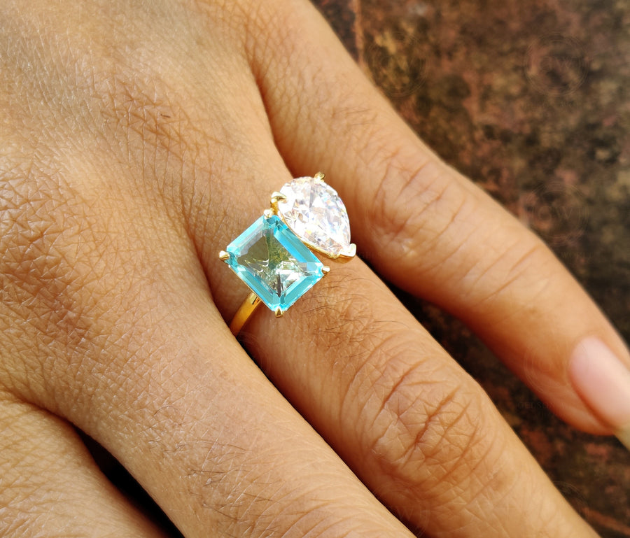 Toi Et Moi Gold Ring / Pear & Aquamarine Emerald Ring / Two Stone Ring /  2 Stone Aquamarine Engagement Ring / Women Wedding Ring