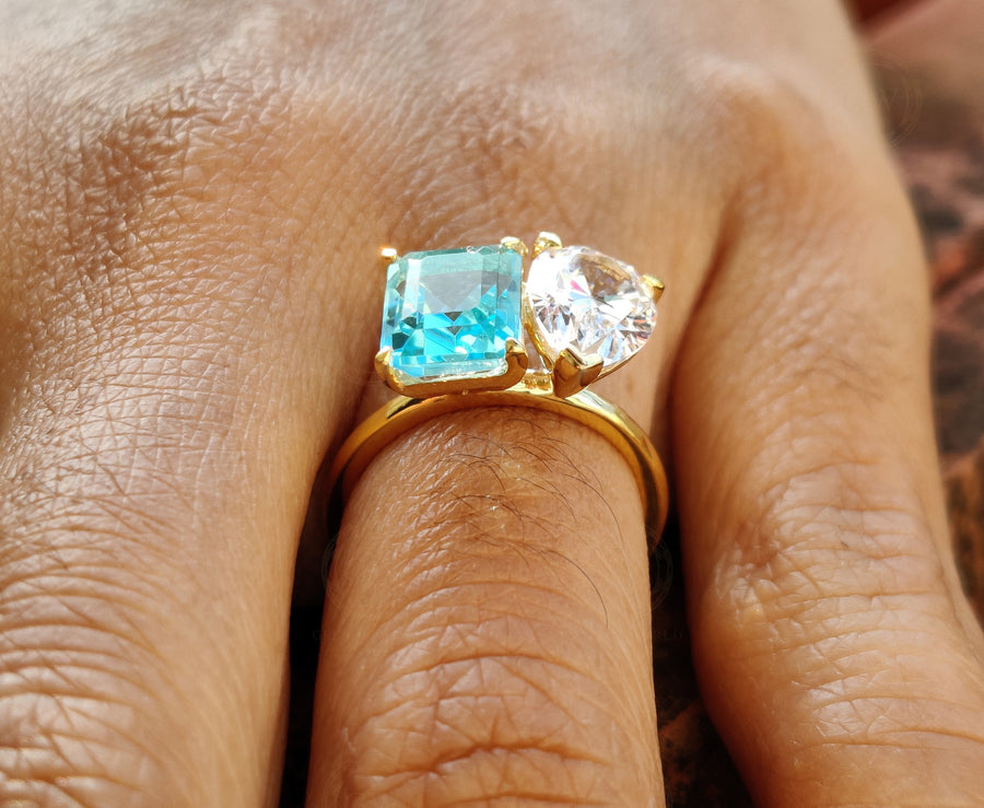 Toi Et Moi Gold Ring / Pear & Aquamarine Emerald Ring / Two Stone Ring /  2 Stone Aquamarine Engagement Ring / Women Wedding Ring