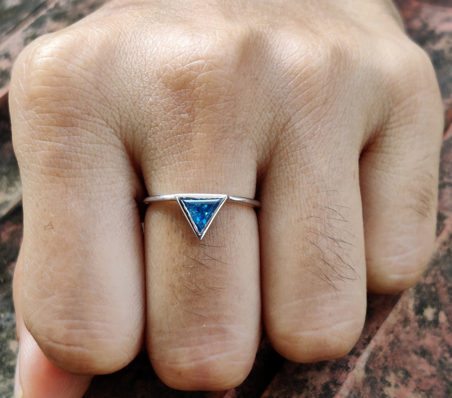 14K Gold Triangle Shape Pacific Blue Minimalist engagement ring, Matching Stacking Ring, Dainty Diamond Ring, Solitaire Gemstone Ring