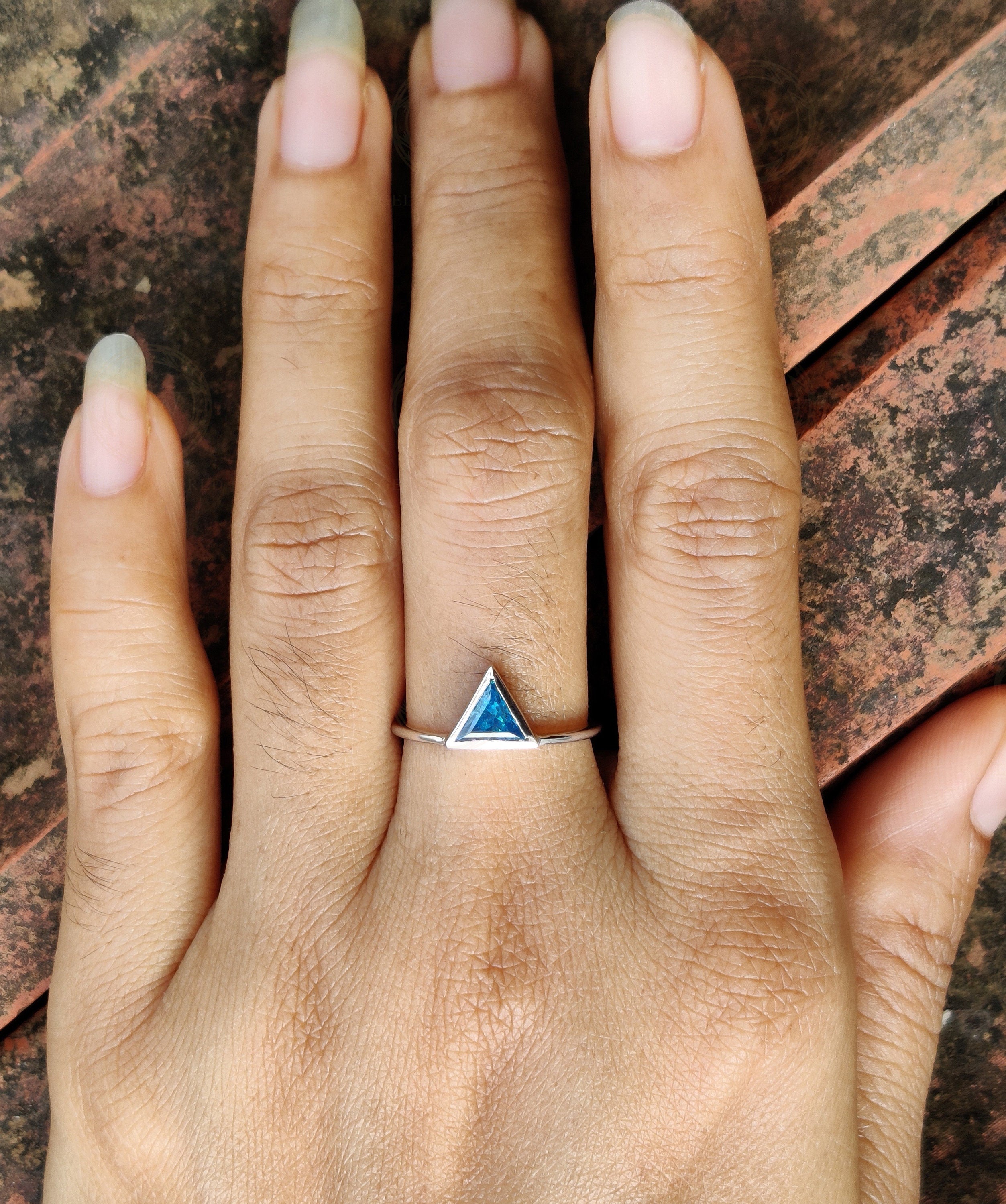 14K Gold Triangle Shape Pacific Blue Minimalist engagement ring, Matching Stacking Ring, Dainty Diamond Ring, Solitaire Gemstone Ring