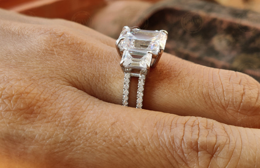 3 stone Engagement Ring / Emerald Cut Three Stone Ring / Large stone Ring / Anniversary Gift / Sterling Silver Ring / Rings for Women