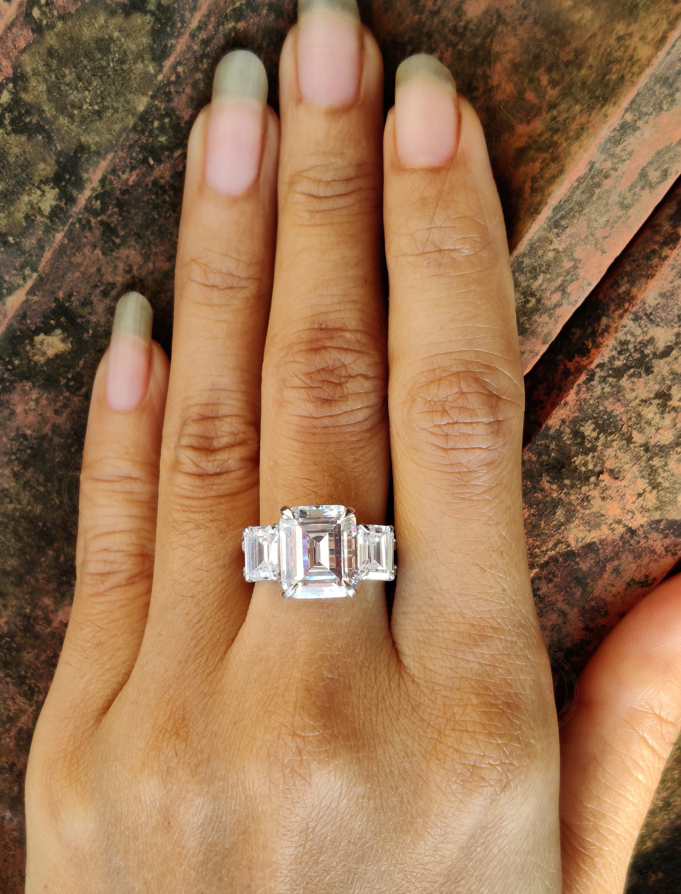 3 stone Engagement Ring / Emerald Cut Three Stone Ring / Large stone Ring / Anniversary Gift / Sterling Silver Ring / Rings for Women