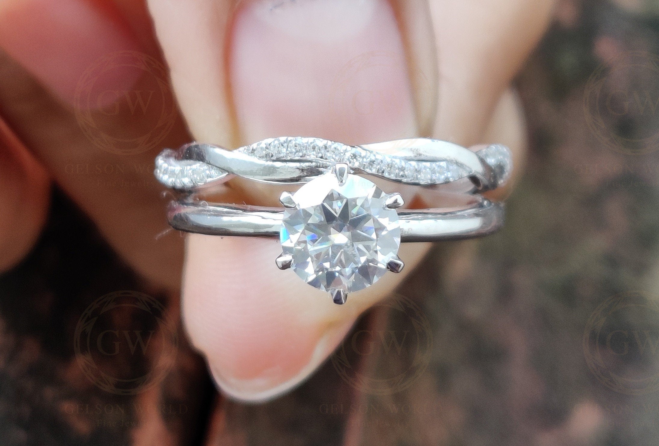 Round Moissanite Wedding Ring Set / Solitaire Engagement Ring / Wedding Band / Matching Band / Twisted Band / Sterling Silver Ring Sets