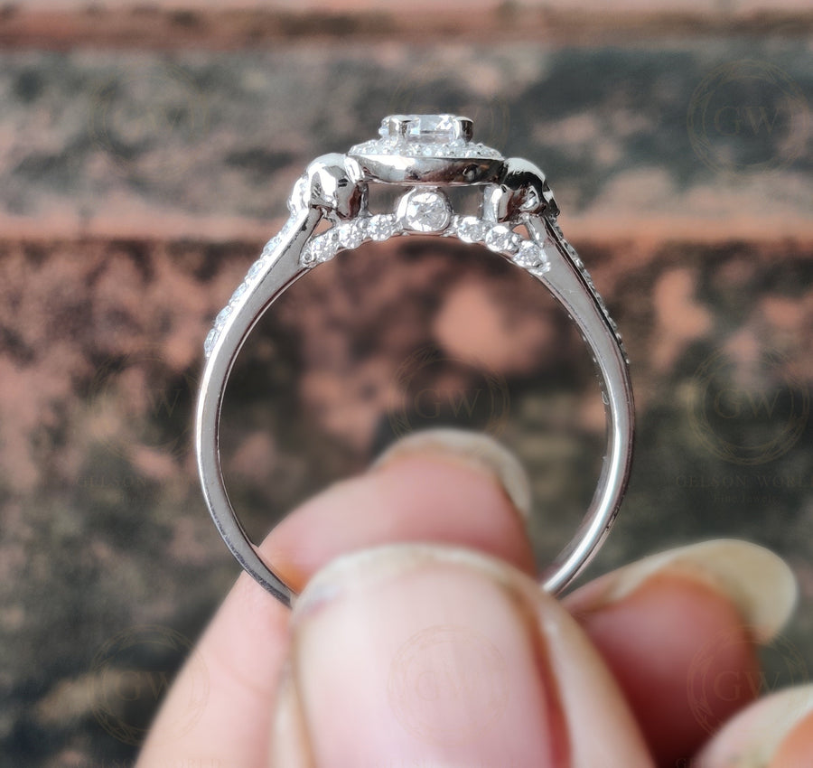 Gothic Skull Halo Engagement Ring, Skull rings for women, Round Moissanite Two skull rings, Skull wedding ring, 925 Sterling Silver