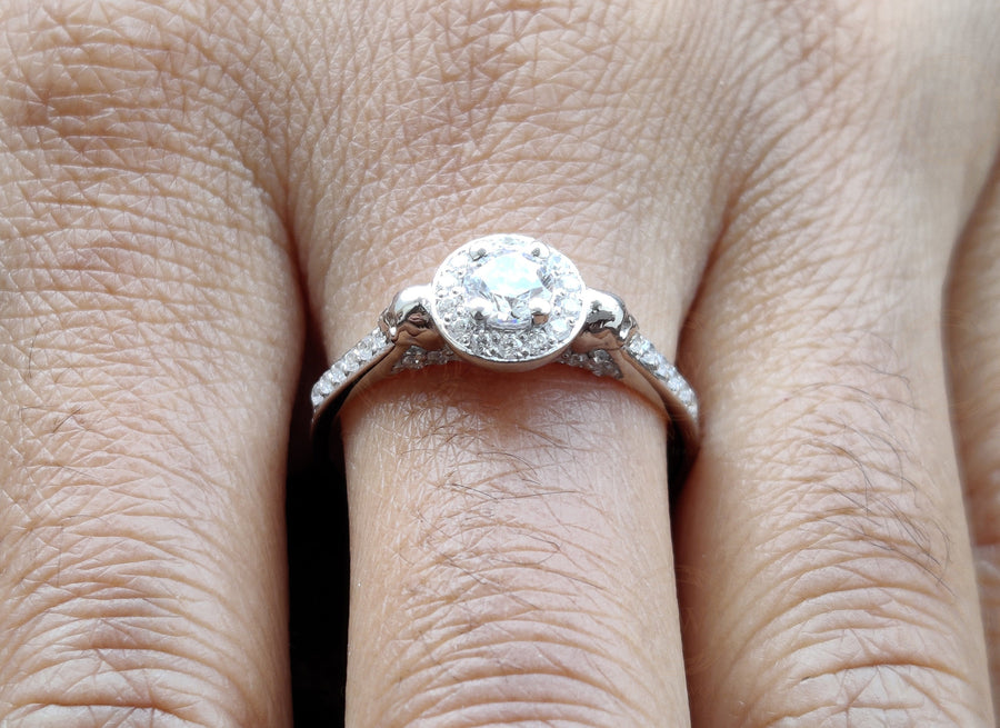 Gothic Skull Halo Engagement Ring, Skull rings for women, Round Moissanite Two skull rings, Skull wedding ring, 925 Sterling Silver