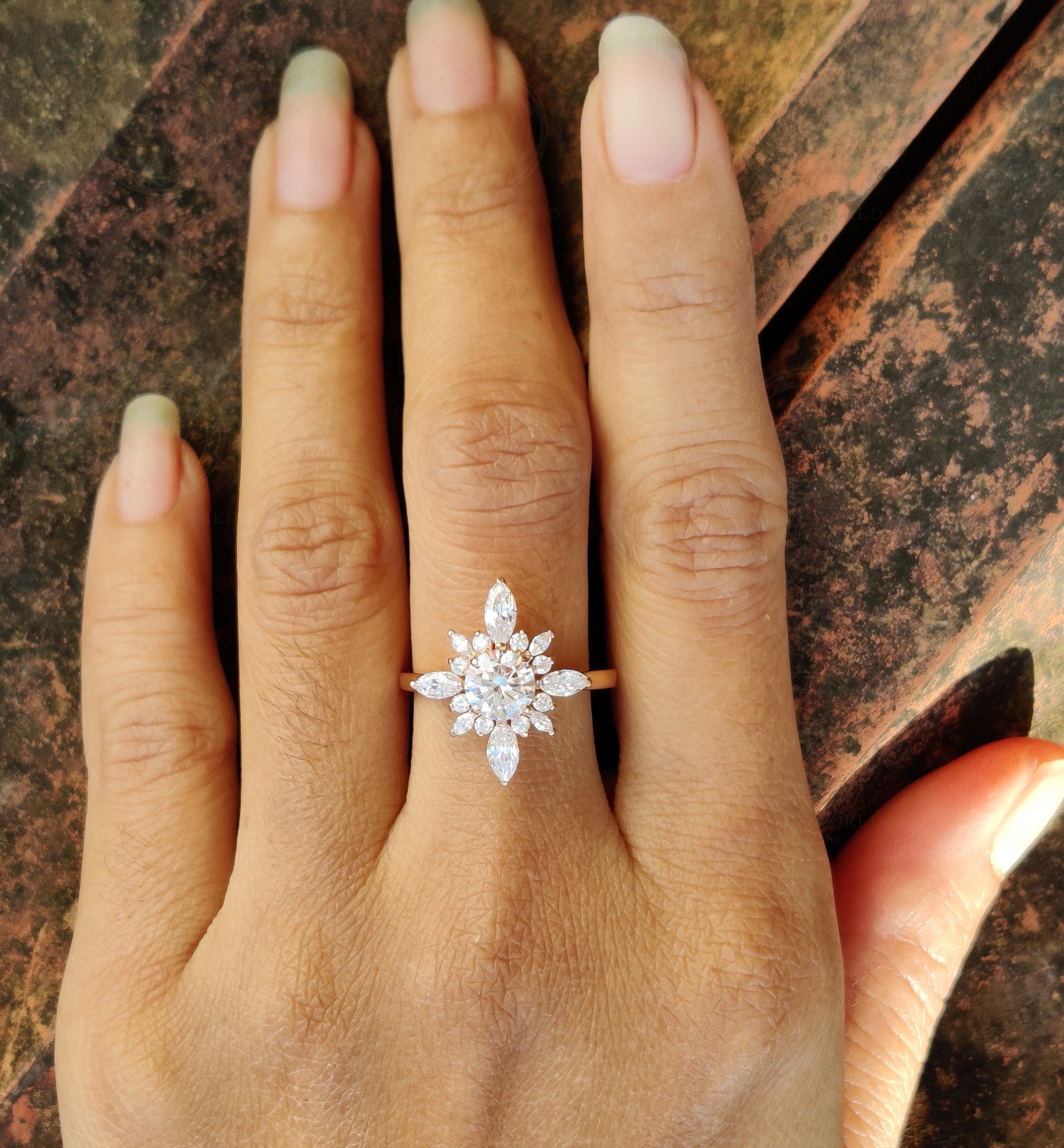14k Gold Starburst Engagement Ring / Art Deco Wedding Ring / Round & Marquise Moissanite Starburst Ring / Women Starburst Ring /Gelson World
