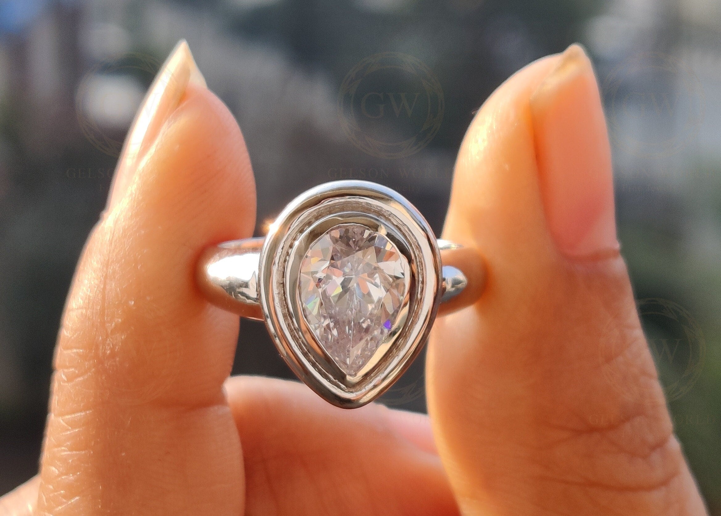 Pear Shaped Solitaire Moissanite Engagement Ring, Bezel Set Teardrop Anniversary Ring, Pear Moissanite, Sterling Silver, Gift for Her