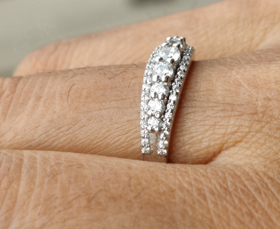 Silver and Gold 3 Row Stackable Anniversary Ring with Round Moissanite - Unique Dainty Minimalist Ring