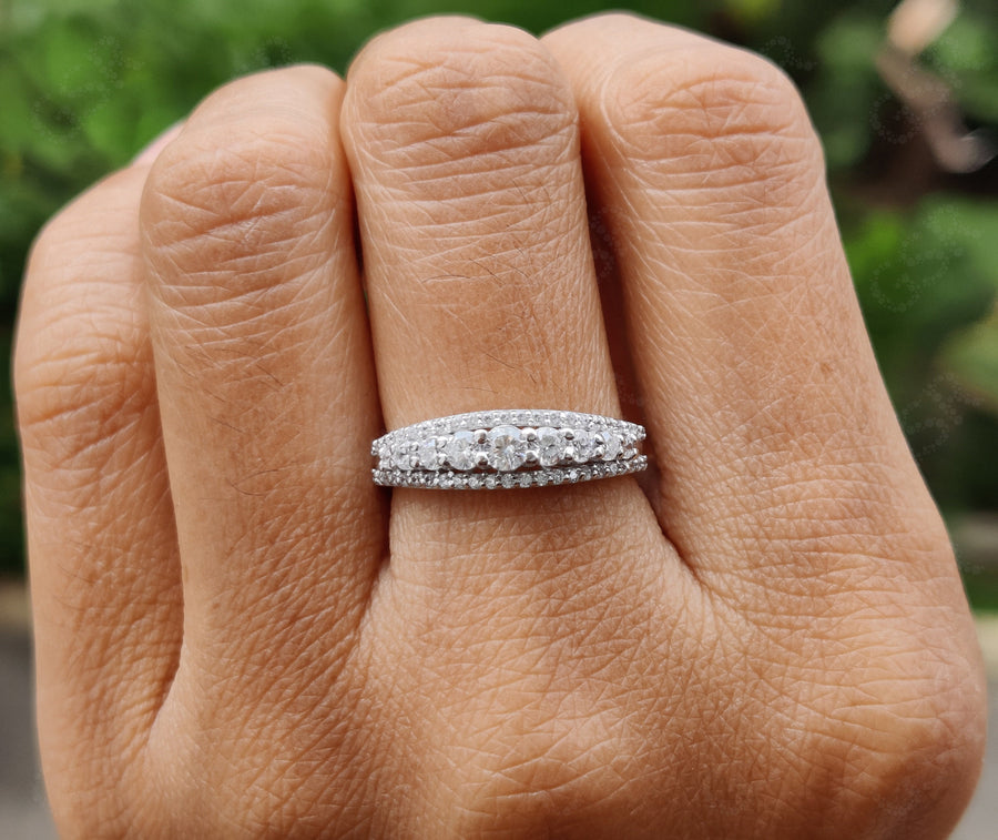 Silver and Gold 3 Row Stackable Anniversary Ring with Round Moissanite - Unique Dainty Minimalist Ring