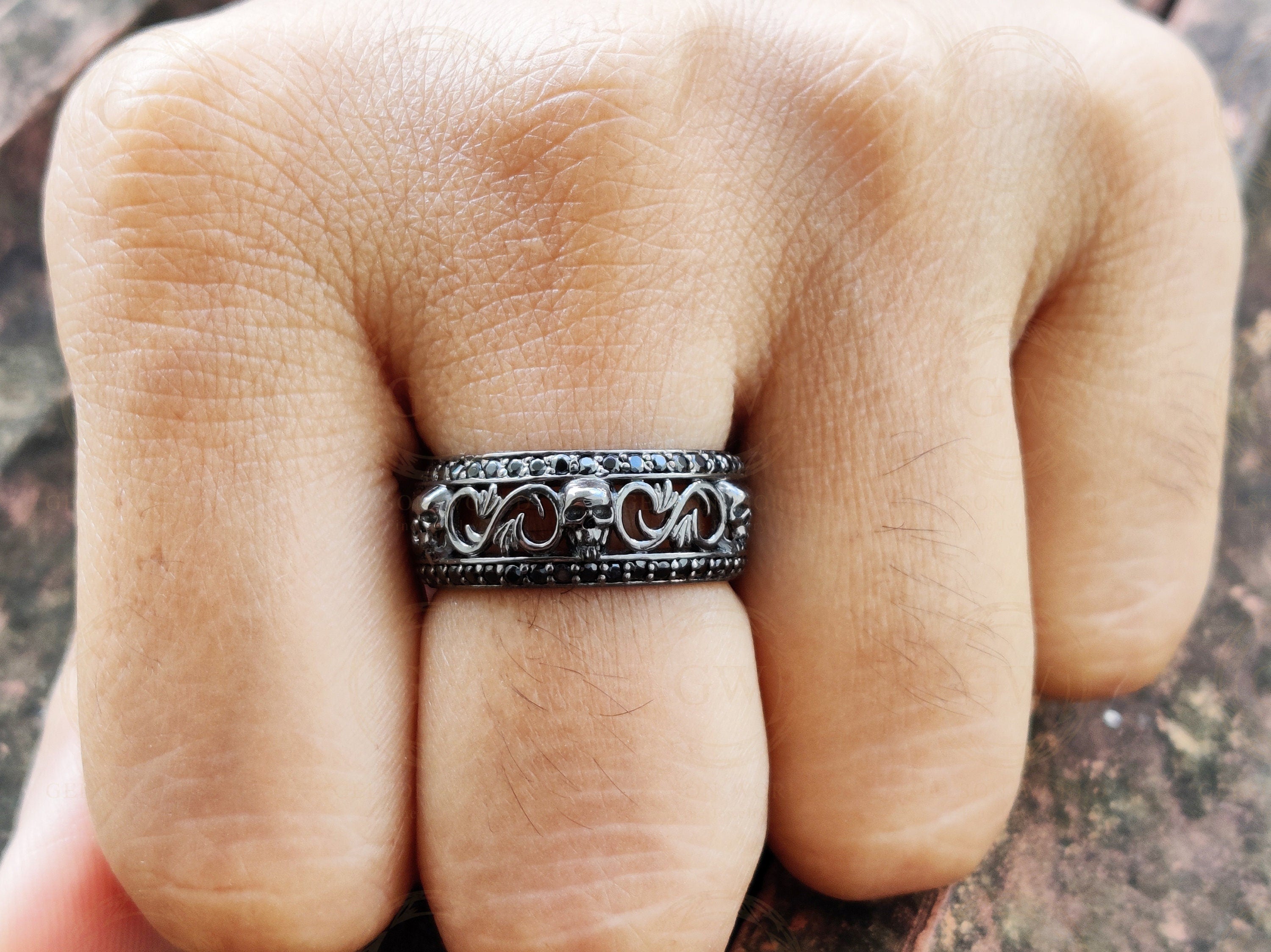 8 mm Wide Floral Unique Gothic Skull Wedding Band, Moissanite Diamond Silver Ring, 2 Row Anniversary Ring, Nature Inspired Eternity Band