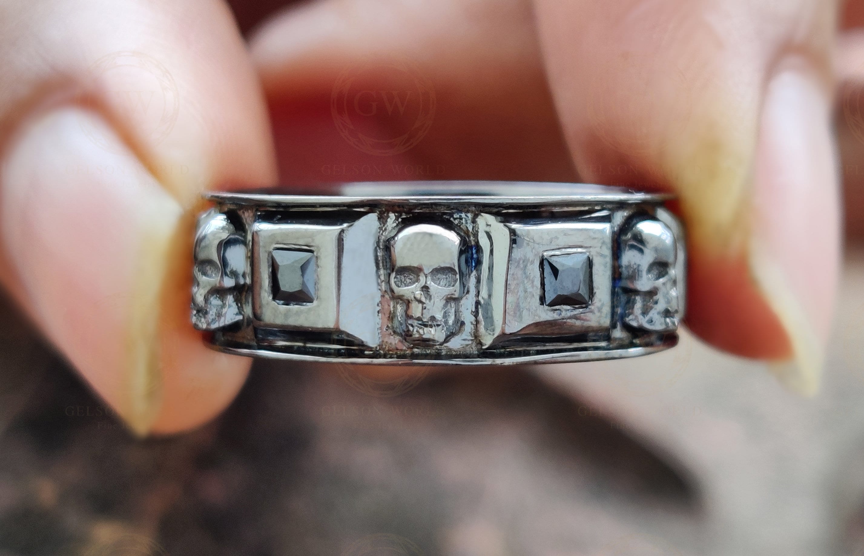 7 mm Wide Men's Gothic Skull Wedding Band, Punk Style Biker Ring, Unique Jewelry, Black CZ Sterling silver, Anniversary Ring, Eternity Band