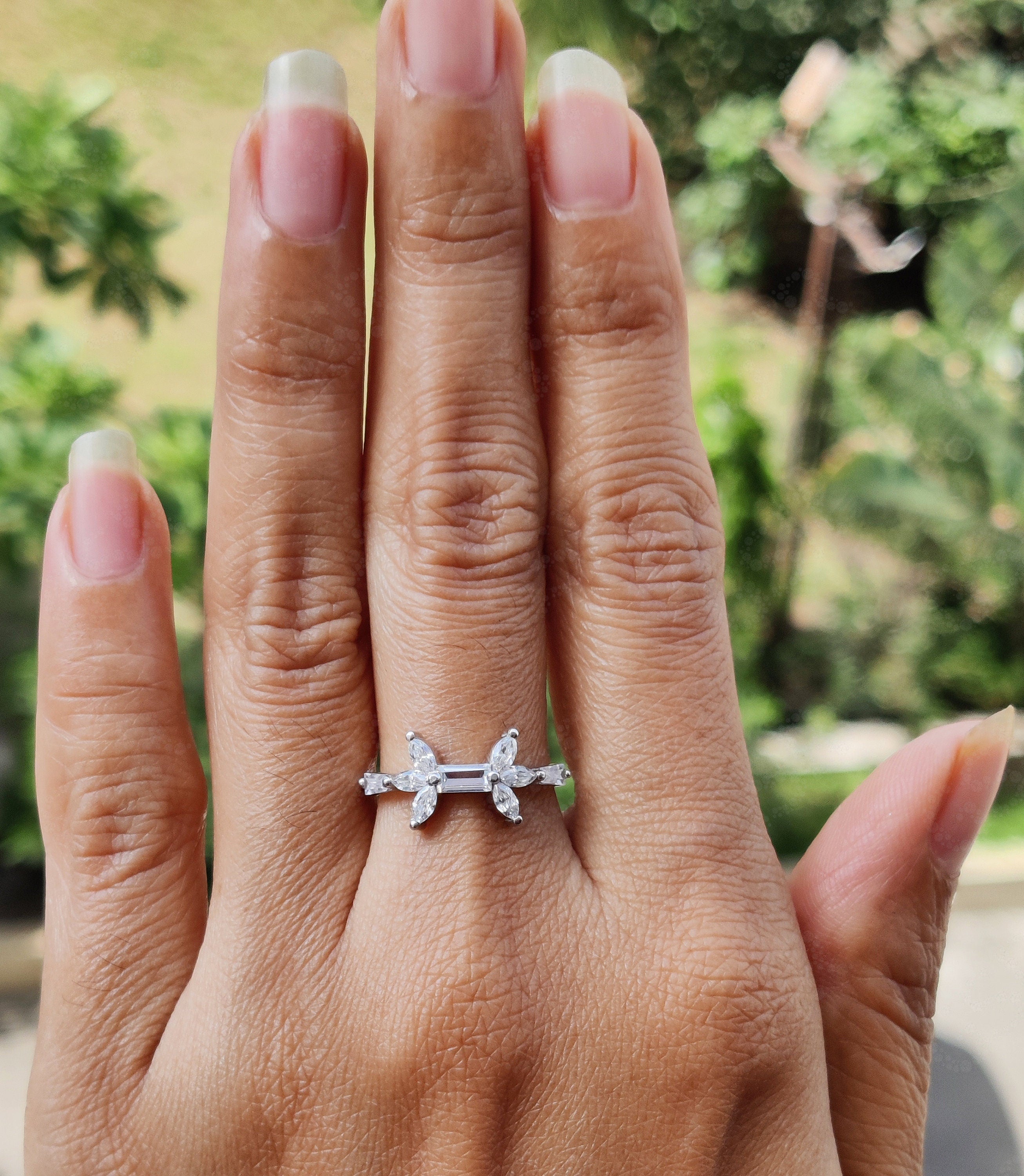 Baguette & Marquise Moissanite Stacking Ring - Silver and White Gold Stackable Ring - Minimalist Dainty Promise Ring - Gift For Her