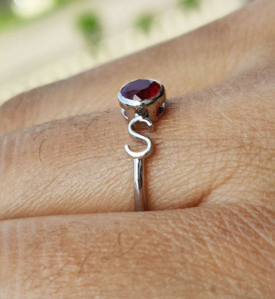 Personalized Initial Birthstone Ring - Thoughtful Birthday Gifts - Dainty Silver and Gold Gemstone Ring - Ideal Gift for Mom - Unique Letter Rings