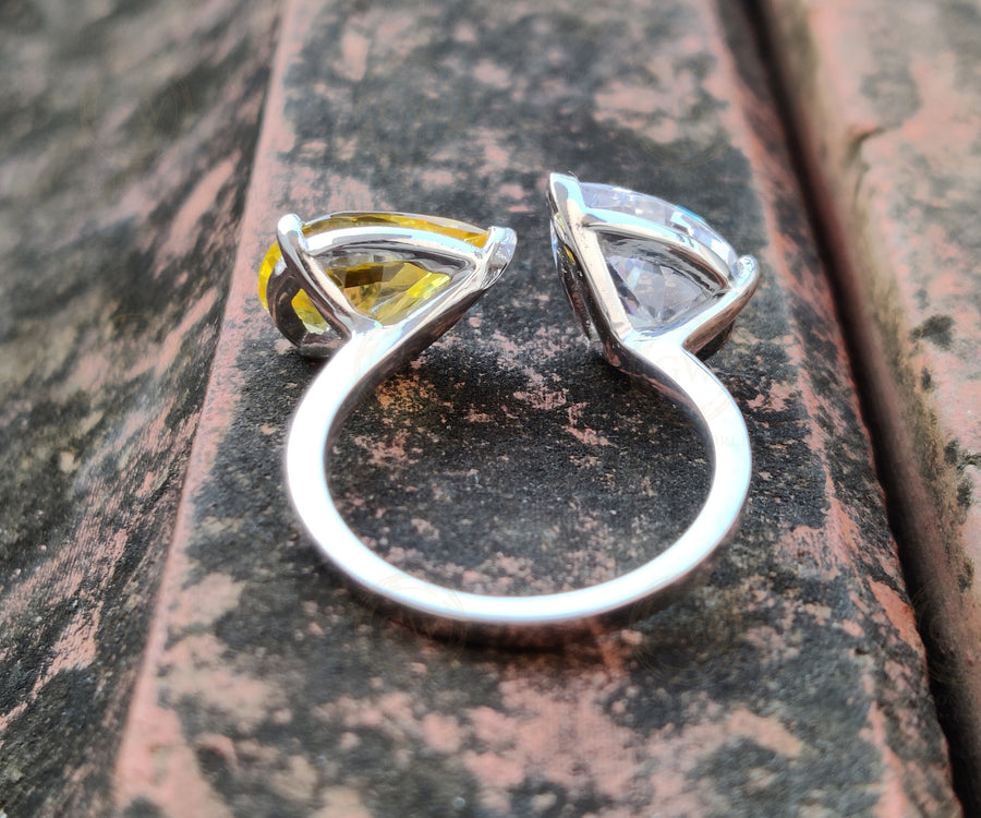 Toi Et Moi Ring, 2 Pear Engagement Ring, Sterling Silver Wedding Ring, White & Yellow Pear Ring, Teardrop Anniversary Women ring