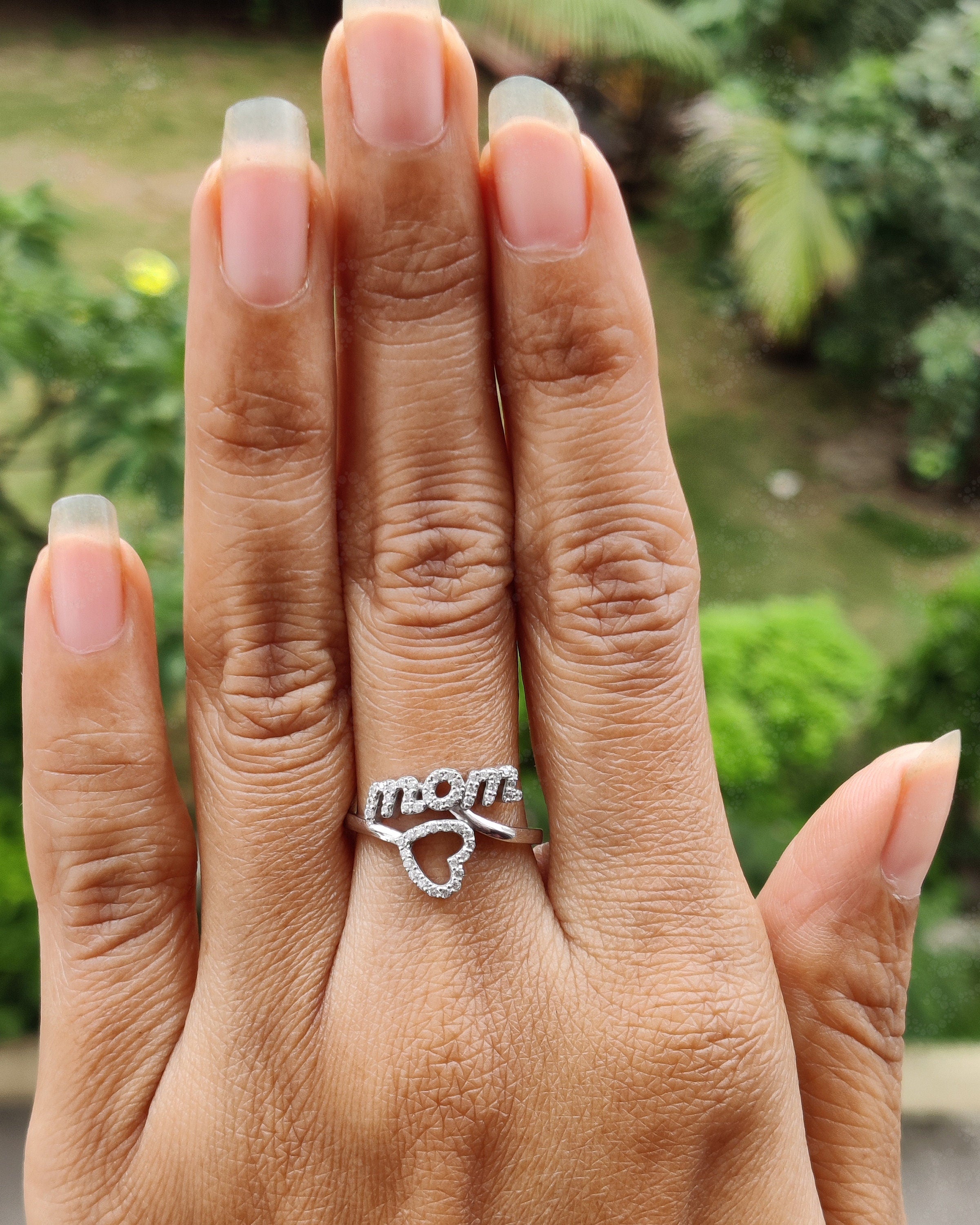 Elegant Silver and White Gold Mom Ring - Perfect Mother's Day Gift - Dainty Heart Stacking Ring for Mom - Minimalist Style Bypass Ring